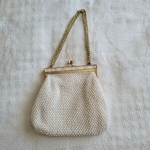 Chic White Beaded Clutch with Gold Chain